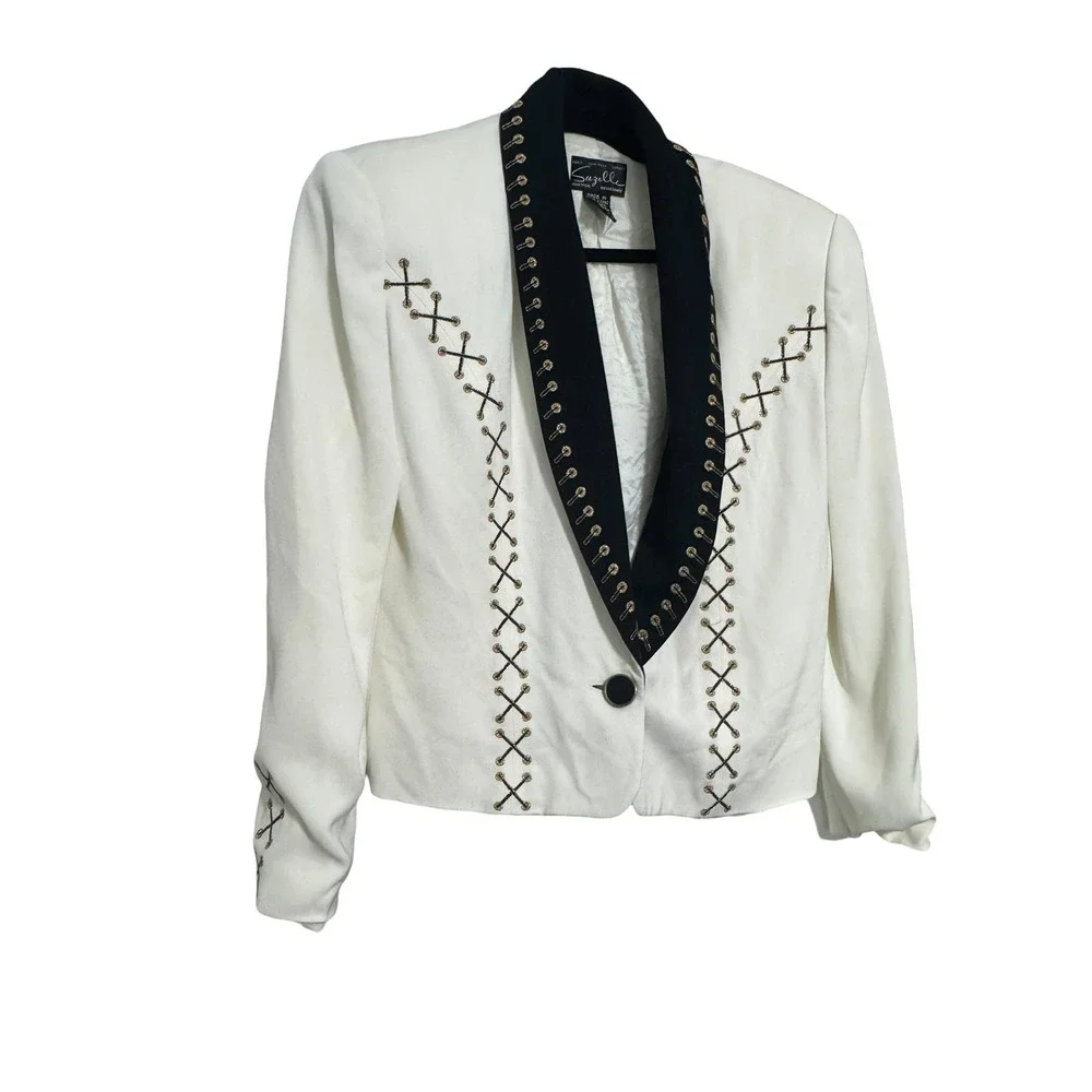 Suzelle VTG Cream Black Embroidered Lace up Blazer sz4 Shawl Collar Western Glam